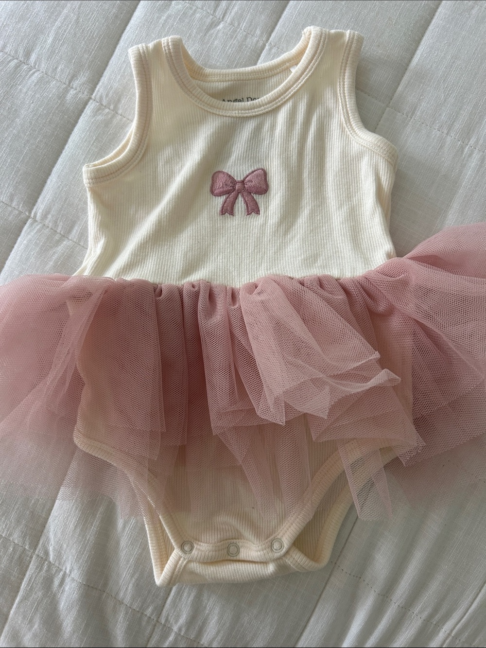 Angel Dear Cream Ribbed Tutu Bodysuit with Pink Bow